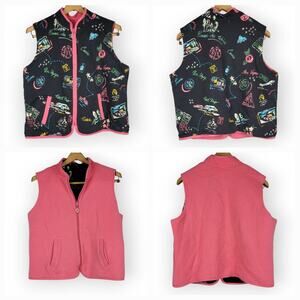 Reversible Travel Novelty Print Quilted Vest Size Medium Retro Classic Cozy Chic